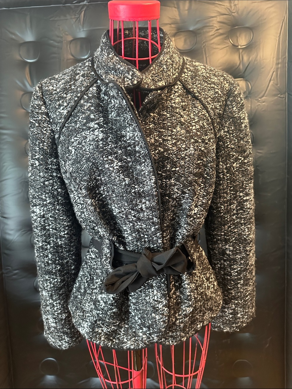 Sandro Black & White Bouclé Tie-Waist Pea Coat